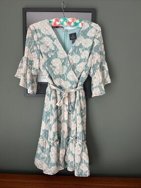 Adrianna Papell Teal and White Floral Wrap Midi Dress